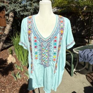 Johnny Was Light Aqua Embroidered V-Neck Tunic